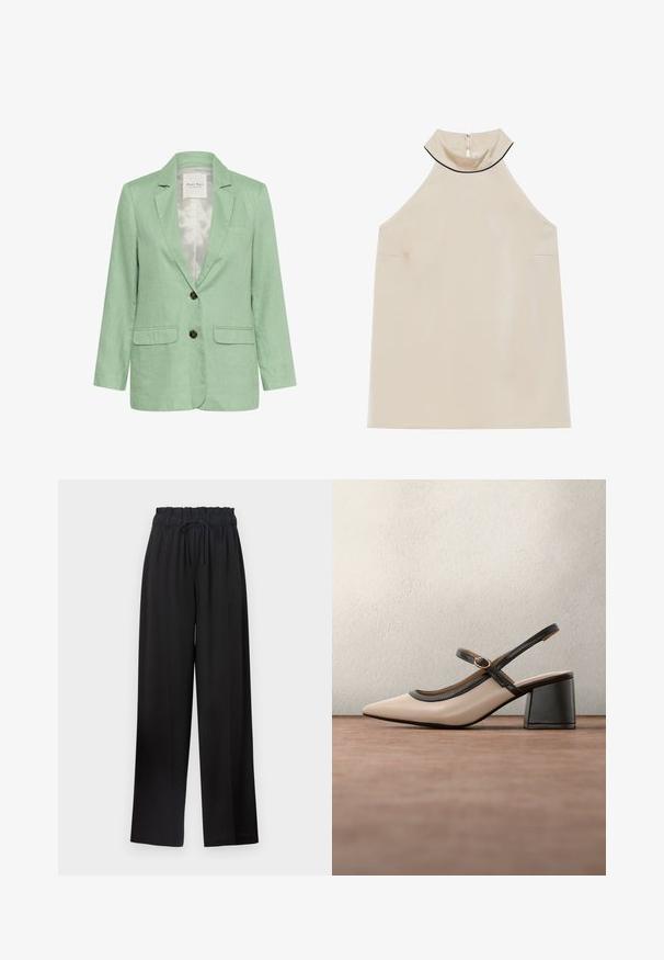 Hellgrüner Leinenblazer mit schalähnlichem Kragen, zwei vorderen Taschen und zwei braunen Knöpfen. Verfügt über ein glattes Innenfutter.; Beige ärmelloses Halsbandoberteil aus glattem Stoff mit hohem Kragen und einem Reißverschluss auf der Rückseite, das ein minimalistisches Design ohne sichtbare Muster aufweist.; Schwarze weite Hose mit einem elastischen Bund und Kordelzug. Hergestellt aus einem glatten Stoff ohne sichtbare Muster oder Beschläge.; Beiger Slingback-Pumps mit spitz zulaufender Schuhspitze, schwarzem Besatz und Schnallendetail. Glattes Material mit matter Oberfläche, mittelhoher Blockabsatz.