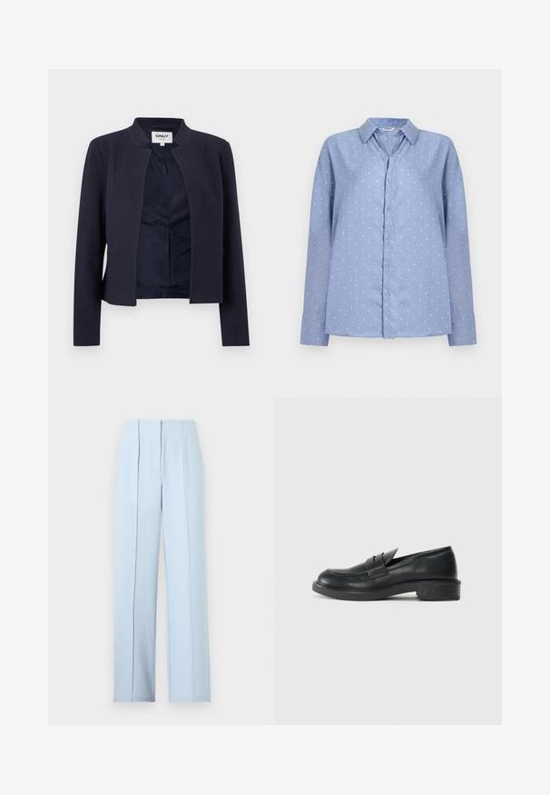 Marineblå blazer med åben front, lange ærmer og kravefri halsudskæring, der har en glat inderforing og en figurtilpasset pasform.; Lyseblå skjorte med lange ærmer, knapper og hvide polkaprikker samt spidst krave, vist mod en ensfarvet lys baggrund.; Lyseblå vidde bukser med høj talje, frontplisseringer og skjult lynlåslukning på ensfarvet baggrund.; Sorte læder loafers med rund tå, stikninger og en lille hæl. Glat tekstur og en fleksibel gummisål.