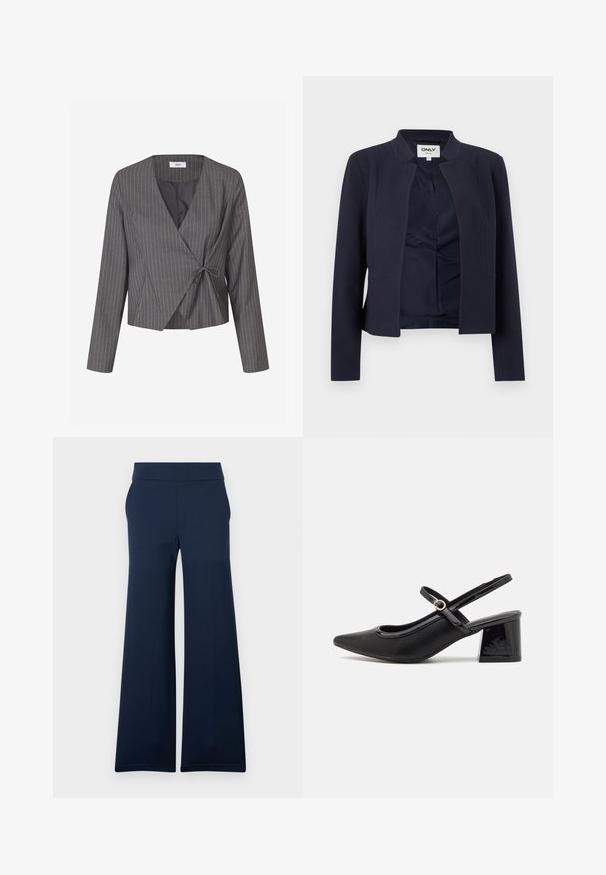 Blazer bleu marine à ouverture devant, manches longues et encolure sans col, avec une doublure intérieure lisse et une coupe ajustée.; Blazer court gris à fines rayures, manches longues, croisé avec nouage sur le côté, doublure intérieure noire visible au niveau du décolleté.; Pantalon large bleu marine avec une taille ajustée et un pli marqué à l'avant, présenté sur un fond blanc uni.; Escarpins slingback en cuir verni noir avec un embout pointu, un design à découpes arrondies et un talon carré. Présente un accent de boucle en ton doré.
