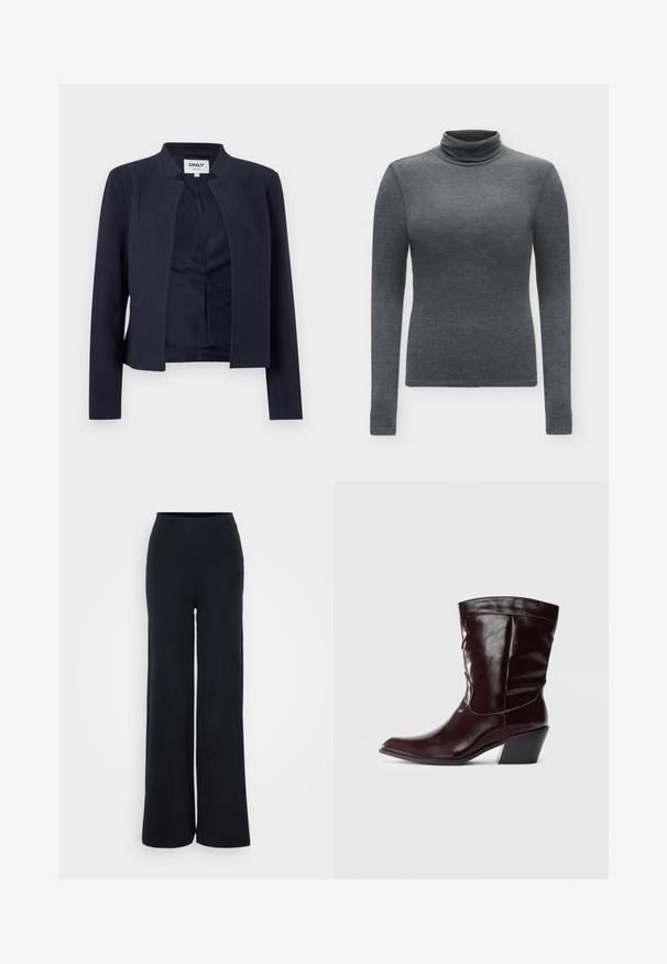 Marineblå blazer med åben front, lange ærmer og kravefri halsudskæring, der har en glat inderforing og en figurtilpasset pasform.; Mørkegrå langærmet dame rullekravesweater med slim fit og glat, blødt stof.; Sorte ribbede bukser med bred benvidde, struktureret finish og elastisk talje, som har en afslappet pasform og ingen synlig hardware.; Bordeaux læder ankelstøvler med spids tå, tekstureret overflade og en lav, taperet hæl. Har diskrete søm og en tætsiddende pasform.