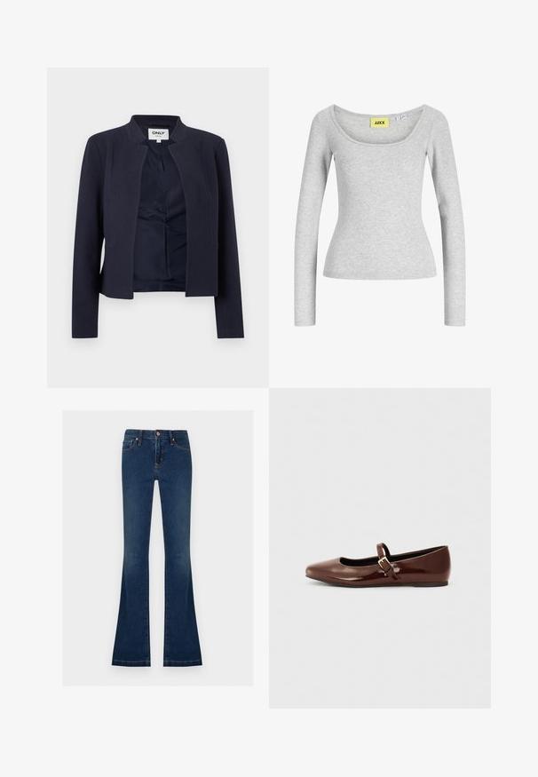 Blazer bleu marine à ouverture devant, manches longues et encolure sans col, avec une doublure intérieure lisse et une coupe ajustée.; Haut gris clair à manches longues, ajusté, avec un large col en forme de scoop et une étiquette de marque jaune "JJXX" cousue à l'intérieur du col.; Jean en denim bleu foncé à taille haute avec jambes évasées, doté de poches avant, de passants pour ceinture et d'une fermeture à boutons.; Ballerine en cuir verni marron avec un bout carré et une lanière ornée d'une petite boucle dorée. Texture lisse, talon bas et design minimaliste.
