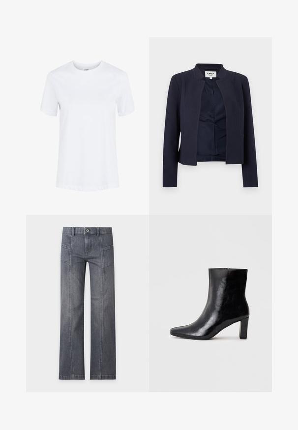 Blazer azul marino abierto al frente con mangas largas y escote sin cuello, con forro interior liso y diseño ajustado.; Camiseta de algodón blanca lisa de manga corta con cuello redondo y dobladillos de las mangas doblados, mostrada sobre un fondo blanco liso.; Vaqueros de mezclilla grises de pierna recta con detalles en la costura frontal, trabillas para cinturón y cierre con botón sobre un fondo claro y liso.; Botín negro de tobillo hecho de cuero brillante, con punta afilada y un tacón de bloque medio, con una textura suave y un diseño sencillo.