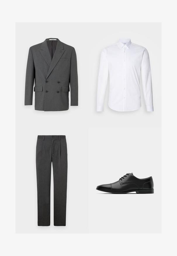 Blazer double boutonné gris foncé avec de subtils fines rayures verticales, trois boutons noirs de chaque côté et poches à rabat à l'avant.; Chemise blanche à manches longues avec boutons, fabriquée en coton lisse, dotée d'un col classique, d'une fermeture à boutons et d'un ourlet arrondi.; Pantalons gris sur mesure avec une coupe droite, dotés d'un pli avant, d'une fermeture éclair et d'un bouton. Texture lisse, design classique.; Chaussure habillée en cuir noir avec un bout arrondi, texture lisse, six œillets et une semelle noire basse. Présente une couture discrète sur le bout.