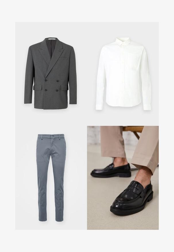 Blazer double boutonné gris foncé avec de subtils fines rayures verticales, trois boutons noirs de chaque côté et poches à rabat à l'avant.; Chemise blanche à manches longues avec boutons, en coton, dotée d'un col pointu et d'une poche unique sur le côté gauche de la poitrine. Texture lisse.; Pantalons gris ajustés en tissu tissé, présentant un devant plat, une taille standard avec passants de ceinture et des jambes droites slim-fit.; Mocassins en cuir noir avec une finition lisse, ornés d'une sangle décorative et de coutures contrastées, associés à un pantalon beige.