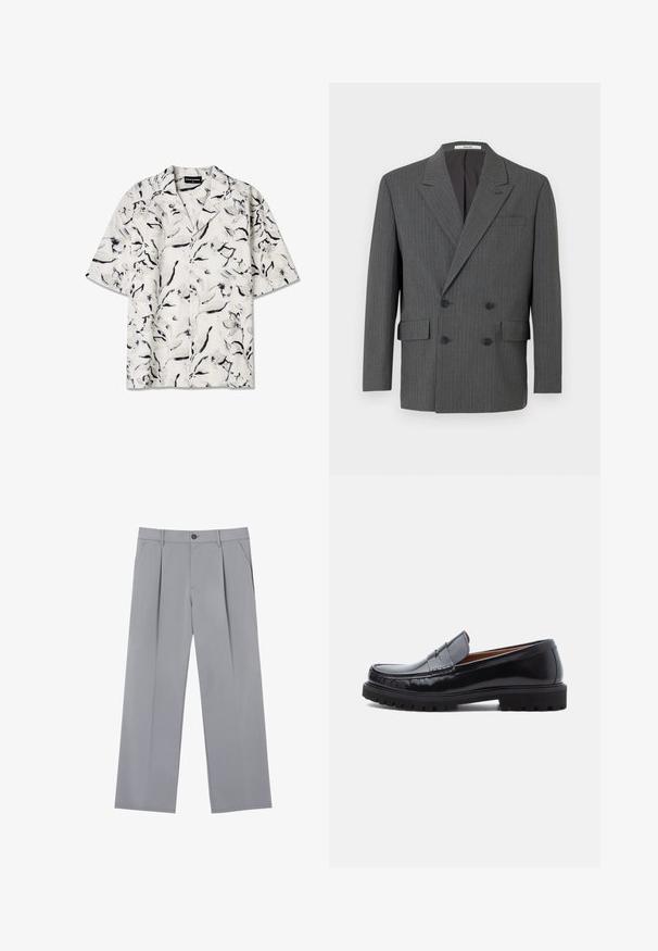 Mørkegrå dobbeltbrystet blazer med subtile vertikale stikninger, tre sorte knapper på hver side og frontlommer med klap.; Kortærmet skjorte med åben krave i hvid base med sorte og grå blomsterede mønstre. Letvægtsstof med knapdetaljer.; Grå plisserede bukser med en afslappet pasform, lavet af et letvægtsstof. Har forlommer og en knaplukning i taljen.; Sorte læder penny loafer med chunky gummisål og moc toe syninger, vist i profil på en hvid baggrund.