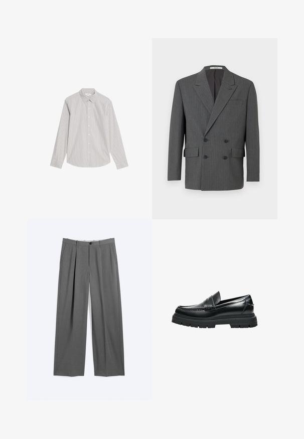 Mørkegrå dobbeltbrystet blazer med subtile vertikale stikninger, tre sorte knapper på hver side og frontlommer med klap.; Marks & Spencer STRIPED OXFORD - Skjorter - natural mix; Grå formelle bukser med lige ben, for-tilslag, sidelommer, bæltestropper og forlukning foran med knap og lynlås.; Sort læder-loafer med tyk rillede sål og penny remdetaljer, vist fra siden på hvid baggrund.