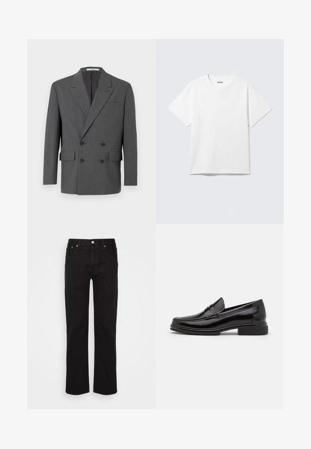 Mørkegrå dobbeltbrystet blazer med subtile vertikale stikninger, tre sorte knapper på hver side og frontlommer med klap.; Hvid kortærmet crewneck T-shirt lagt fladt ud, ensfarvet design, med "WEEKDAY" mærkat inde i kraven på en lys baggrund.; Sorte lige ben jeans lavet af bomuld. Har fem lommer, en metalknap og orange syninger fortil.; Sorte læder loafers med en rund tå, der har en syet detalje over vristen og en lav blokhæl. Glat tekstur og blank finish.