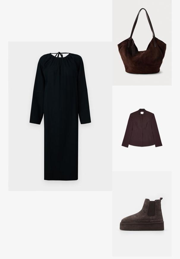 Dunkelbraune, maßgeschneiderte Jacke mit langen Ärmeln, strukturierten Nähten und kleinem Schalkragen, flach auf weißem Hintergrund präsentiert.; Schwarzes langärmliges Kleid aus weichem Stoff, mit einem runden Halsausschnitt mit Raffung und einem Bindebandverschluss im Rücken. Einfache Silhouette.; Braune Wildleder Chelsea-Stiefel mit elastischen Seitenpaneelen und einer dicken, strukturierten Plattformsohle. Mit einem Ziehband an der Ferse für ein einfaches An- und Ausziehen.; Braune Wildleder-Handtasche mit einer weichen, lässigen Form. Verfügt über Ledergriffe und einen Etikettenakzent. Schlichte Textur mit geschwungenen Nähten.