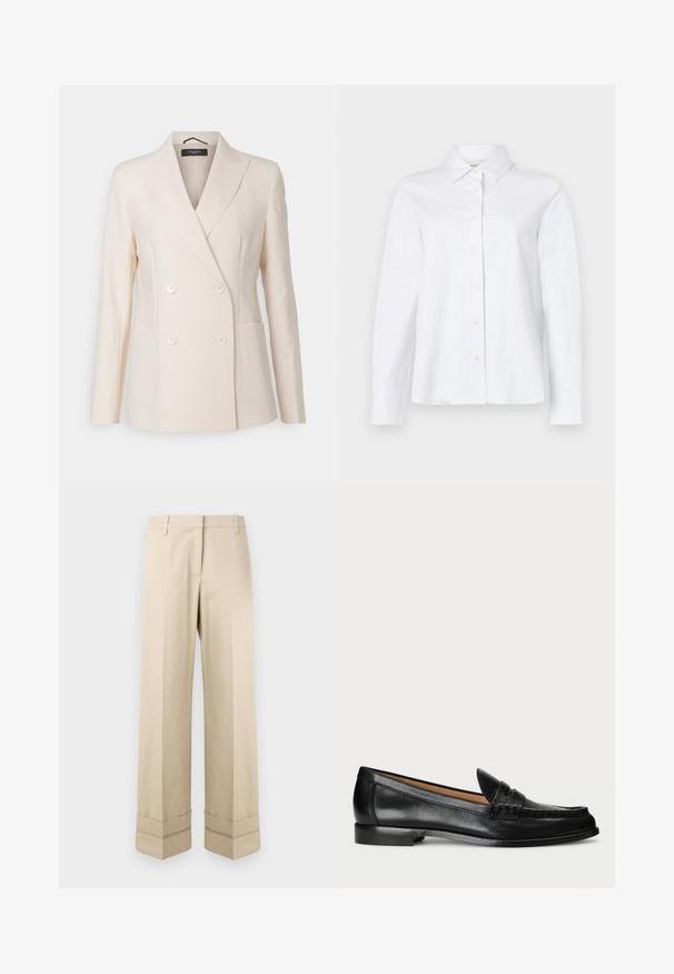 Weekend Max Mara NERVOSO - Blejzer - avorio; CLOSED CLASSIC SHIRT WITH STRAP DETAIL - Blúzka so zapínaním na gombíky - white; Béžové nohavice s rovný strihom, s dvojitým manžetovým lemom a plochým predným dizajnom. Vyrobené z hladkej, odolnej tkaniny.; Lauren Ralph Lauren WYNNIE - Našuchovačky - black