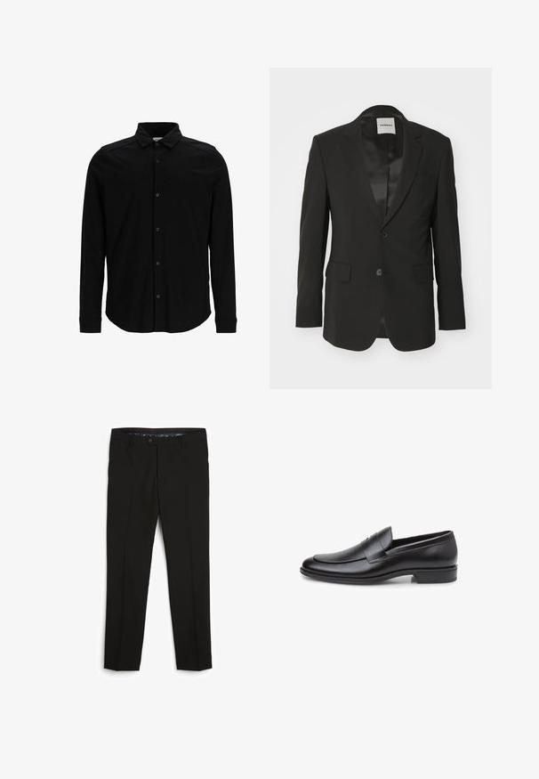 Sort blazer lavet af glat stof med satin finish, enkelt knaplukning, notch revers og to frontlommer.; Sort langærmet skjorte lavet af glat stof, med knaplukning foran, krave og en diskret broderet logo på brystet.; Next Bukser - black denim; Sort læderloafer med en buet silhuet, syninger langs kanten og en flad gummisål for godt greb.