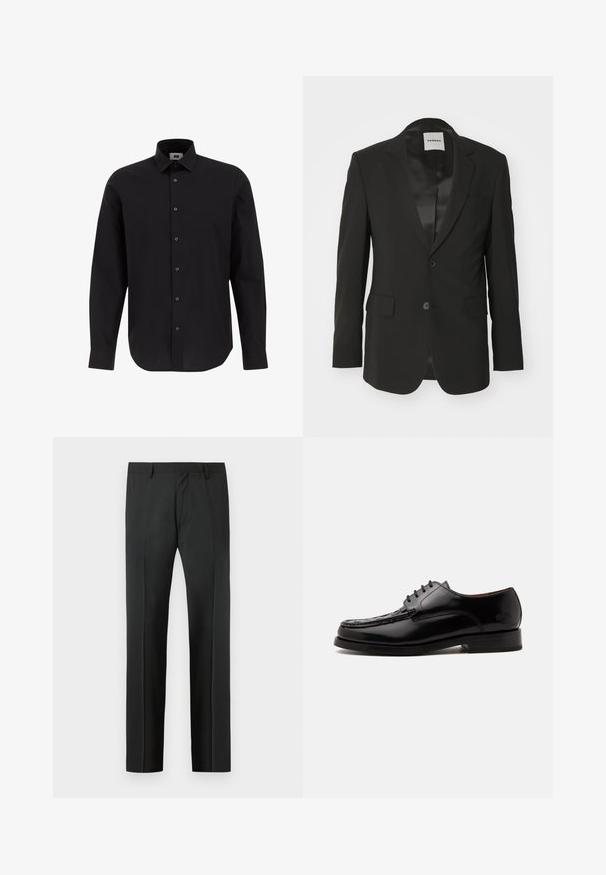 Schwarzer Blazer aus glattem Stoff mit satinierter Oberfläche, mit einem einzelnen Knopfverschluss, Reverskragen und zwei vorderen Taschen.; Schwarze Langarm-Hemdbluse aus gewebtem Stoff, ausgestattet mit einem klassischen Kragen, geradem Saum und schwarzen Knöpfen an der Vorderseite.; Schwarze, maßgeschneiderte Anzughose mit Gürtelschlaufen und Bügelfalte, vor einem hellgrauen Hintergrund präsentiert.; Schwarzer glänzender Lederschuh mit Schnürung vorne, mit Ziernähten an der Spitze und niedrigem gestapeltem Absatz auf weißem Hintergrund.