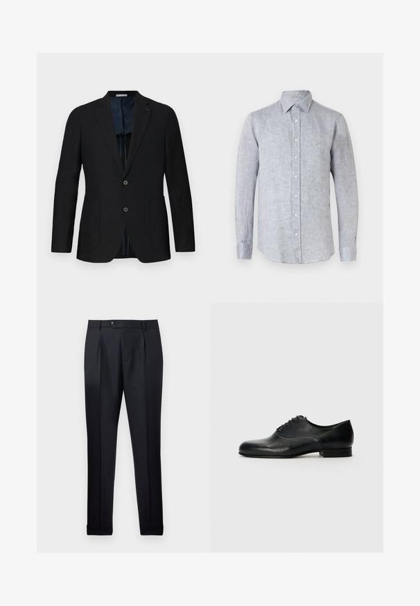 Blazer en lin noir avec deux boutons, revers cranté, poches avant et doublure à motifs bleus. Détails remarquables comprenant un logo discret.; Chemise à manches longues pour homme, gris clair, avec boutons, col et tissu texturé subtil.; Pantalon noir formel pour hommes avec plis avant, passants pour ceinture, fermeture par bouton et ourlets avec revers sur fond blanc.; Filippa K DERBY - Derbies & Richelieus - black