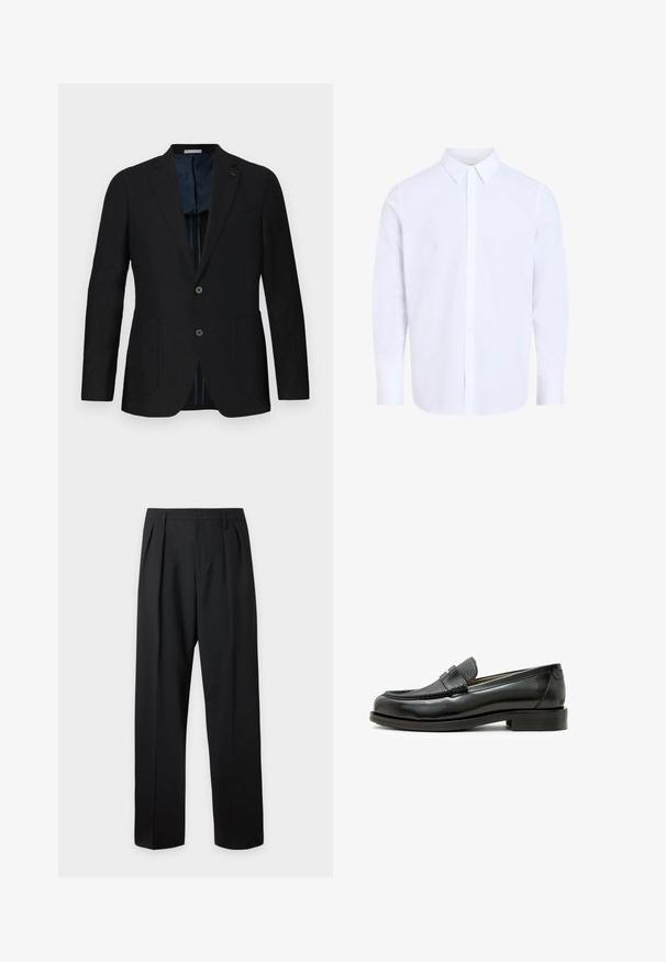 Zwarte linnen blazer met twee knopen, notch revers, voorzakken en blauwe gepatineerde voering. Kenmerken zijn onder andere een discreet logo.; Wit overhemd met lange mouwen en klassieke kraag, gemaakt van gladde stof, voorzien van een knoopsluiting aan de voorkant en een afgeronde zoom.; Zwarte formele broek met plooien, riemlussen en een knoopsluiting in de taille, afgebeeld tegen een effen lichte achtergrond.; Zwarte leren loafer met een textuuraccent van zwart leer, ronde neus en een lage blokhak; beschikt over een decoratief metallic detail.