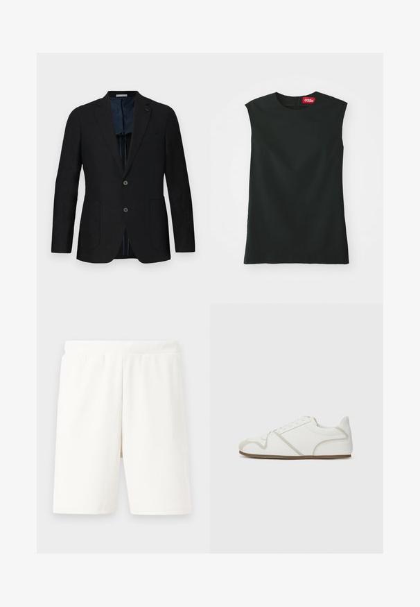 Blazer en lin noir avec deux boutons, revers cranté, poches avant et doublure à motifs bleus. Détails remarquables comprenant un logo discret.; Un haut sans manches noir avec un col rond, en tissu lisse, et une fermeture éclair au dos. Il présente une petite étiquette rouge avec le logo "032c" au niveau du cou.; Shorts blancs à côtes avec une taille élastique, présentant une coupe droite et une texture douce, adaptés pour un usage décontracté.; Baskets blanches avec une tige en tissu lisse, des accents beige, un bout arrondi et une semelle en caoutchouc. Présente un design à lacets et des coutures sur les côtés.