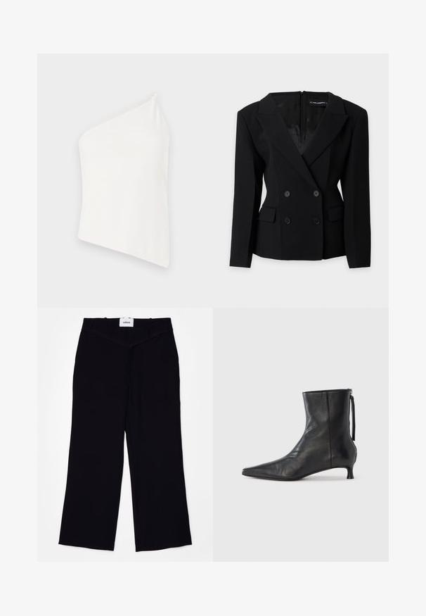 Blazer noir cintré à double boutonnage avec revers à cran, quatre boutons devant et deux poches à rabat, présenté sur un fond gris clair.; Haut asymétrique blanc avec une seule bretelle, texture lisse, design ajusté et look épuré et minimaliste. Pas de motifs ou d'accents supplémentaires.; Pantalons larges noirs en tissu lisse. Dotés d'une taille plate avec passants de ceinture et d'une finition soignée aux ourlets.; Bottine en cuir noir à bout pointu, forme structurée et petit talon. Dispose d'une fermeture éclair latérale et d'un design minimaliste.