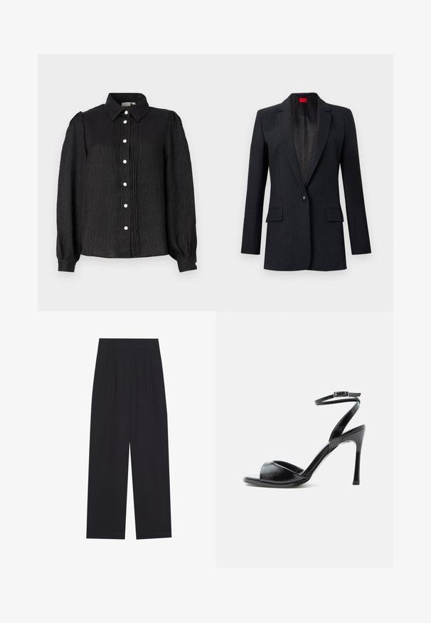 Zwarte blazer met streepjesmotief, notch revers, enkele knoopsluiting, twee zijzakken en een textuurvoering. Heeft gestructureerde schouders en een getailleerde pasvorm.; Zwarte blouse met kraag en knopen, vervaardigd uit textuurstof, met verticale plooien en parelachtige knopen aan de voorkant en bij de manchetten.; Zwarte wijde broeken gemaakt van een soepele stof, met plooien, een platte tailleband en zonder zichtbare zakken of versieringen.; Zwarte sandaal met hoge hak, open teen, smalle naaldhak en enkelbandje met gesp op een witte achtergrond.