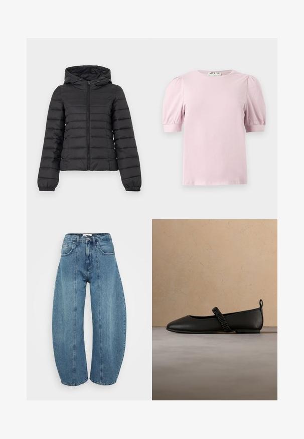 Chaqueta acolchada negra con capucha, cremallera frontal, puños elásticos y bolsillos laterales, mostrada sobre un fondo claro y liso.; Blusa de manga corta de color rosa claro con mangas abullonadas y escote redondo, mostrada sobre un fondo blanco.; Vaqueros de tiro alto en azul claro, fabricados en denim, con corte de pata ancha, cinco bolsillos y detalles de costura. Textura suave con un acabado limpio.; Zapato plano negro con una banda elástica fruncida en la parte superior, mostrado sobre una alfombra beige texturizada y con un sofá de color beige claro de fondo.