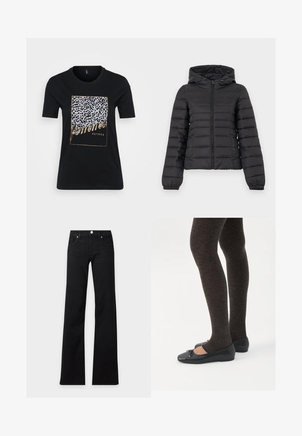 Sort quiltet dunjakke med hætte, lynlås foran, elastiske ærmekanter og sidelommer, vist på ensartet lyst baggrund.; Sort bomuld T-shirt med leopardmønster og gyldent tekst, der står "femmes FUTURE" inden for en rektangulær ramme.; Sort højtaljede jeans med brede ben, frontknap, bæltestropper og nitter på forlommerne, vist på en ensfarvet lys baggrund.; Ben iført mørke ribbede leggings kombineret med sorte balletsko med små sløjfedetaljer på hvid baggrund.