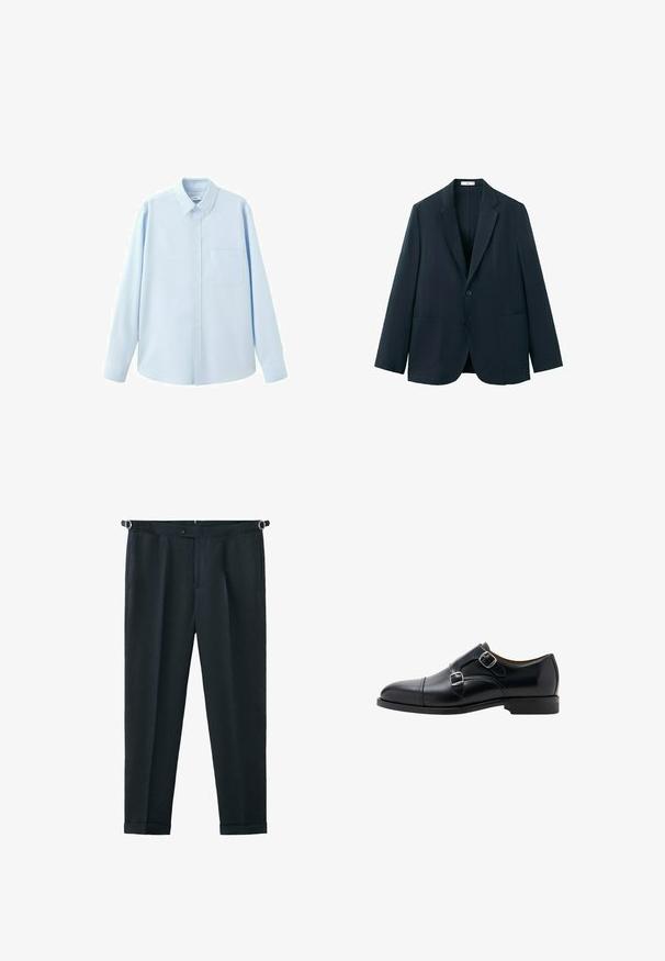 Blazer bleu marine à simple boutonnage avec revers crantés, deux poches plaquées à l'avant et deux boutons sur le devant.; Chemise bleu clair à manches longues avec boutons, col pointu et poche poitrine, présentée sur fond blanc.; Pantalon noir sur mesure avec bandes d’ajustement latérales, fermeture à boutons au devant et ourlets retroussés.; Chaussure habillée en cuir noir avec double bride de moine, boucles argentées et talon bas, vue de côté extérieur sur fond blanc.