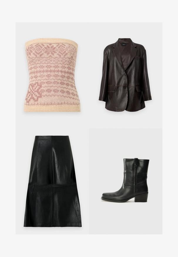 Mørkebrun læderblazer med hakkraver, to forlommer med klap, en brystlomme og to knapper foran.; Strikket strapless top i beige med pink geometriske mønstre. Har en ribbet kant og blød tekstur, velegnet til lag-på-lag.; Sort knælængde lædernederdel med syede lodrette og vandrette panel syninger, let udvidet for neden.; Sort læder ankelstøvle med rundt tå, blokhæl, lynlås i siden og stikninger på vampsiden. Glat tekstur, klassisk design.
