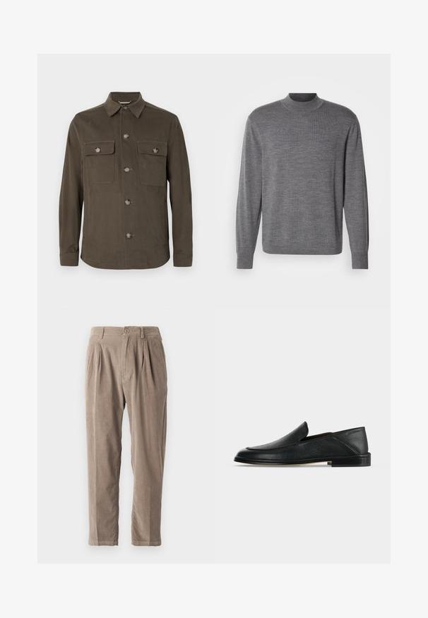 Mørkeolivengrøn skjortejakke lavet af glat stof, med krave, frontlukning med knapper og to brystlommer med matchende knapper.; Grå langærmet sweater lavet af strikket materiale, med en høj hals og et subtilt logo på brystet. Glat tekstur og tætsiddende design.; Beige corduroy bukser med en afslappet pasform, der har plisseringer, knaplukning og sidelommer, tekstureret overflade og tapered bendesign.; Sort læder slip-on loafer med lav hæl og rundet tå, vist på en simpel hvid baggrund.