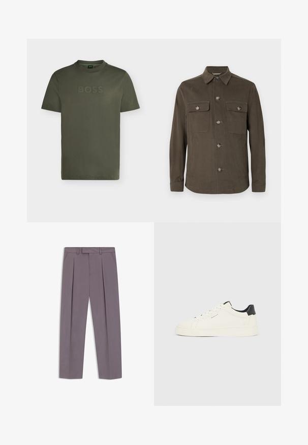Veste chemise vert olive foncé en tissu lisse, avec un col, une fermeture à boutons sur le devant et deux poches poitrine avec des boutons assortis.; T-shirt homme vert olive à col rond, manches courtes et logo surélevé "BOSS" sur la poitrine.; Pantalon gris pour homme, coupé sur mesure, avec plis, poches latérales, passants pour ceinture et fermeture éclair à l'avant sur fond blanc.; Baskets basses blanches avec languette de talon noire, lacets blancs et logo "GANT" sur le côté, présentées sur un fond clair uni.