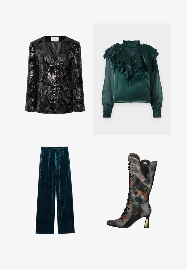 Zwart pailletten blazer met bloemenpatronen, een diepe V-hals, twee knopen en voorzakken. Gelaagde oppervlakte met een glanzende afwerking.; Teal satijnen blouse met gerimpelde halslijn en mouwen. Heeft een hoge kraag en taps toelopende manchetten, en toont een gladde, glanzende textuur.; Teal fluwelen brede pijpen met een zachte textuur, voorzien van een hoge taille en een gladde afwerking. Geen zichtbare sluitingen of patronen.; Dames zwarte leren hoge hak veterlaars met reliëf bloemenpatronen en meerkleurige bloemenprint op de schacht en voet.