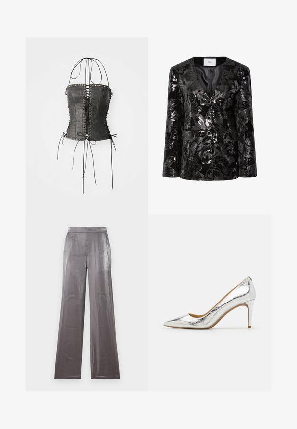 Zwart pailletten blazer met bloemenpatronen, een diepe V-hals, twee knopen en voorzakken. Gelaagde oppervlakte met een glanzende afwerking.; Jaded London LONGLINE LACE UP HALTER CORSET - Top - black; Wijde broek in een glanzende, zilveren stof. Heeft een gladde textuur met een platte tailleband en zonder zichtbare zakken.; Zilveren metallic puntige hoge hak schoen met een gladde textuur, 10 cm hoge hak en subtiel geplooid patroon op het oppervlak.