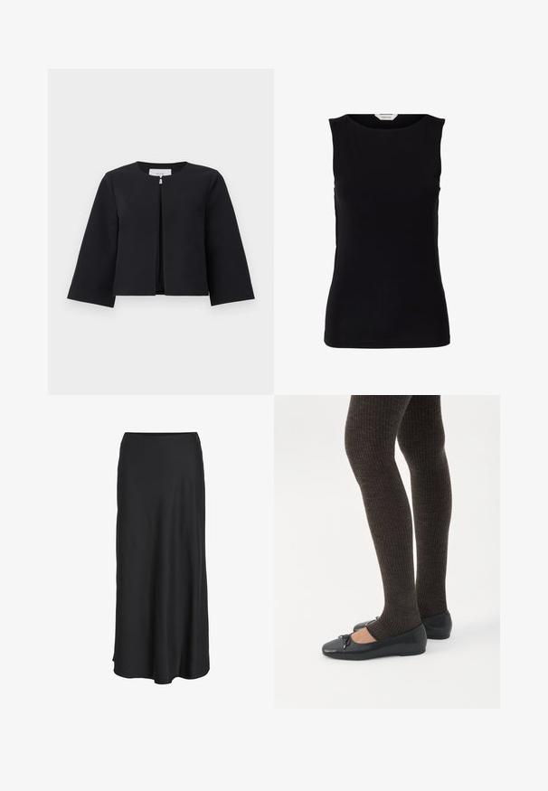 Zwarte cropped jack met open voorkant, lange mouwen en een ronde hals, weergegeven op een eenvoudige lichte achtergrond.; Zwarte nauwsluitende mouwloze top met een ronde halslijn en wit merkembleem aan de binnenkant van de kraag.; Zwarte maxi rok gemaakt van glad, lichtgewicht stof. Heeft een eenvoudige A-lijn silhouet met een licht uitlopende zoom en geen zichtbare sluitingen.; Benen met donkere geribbelde leggings gecombineerd met zwarte ballerina's met kleine strikdetails op een witte achtergrond.