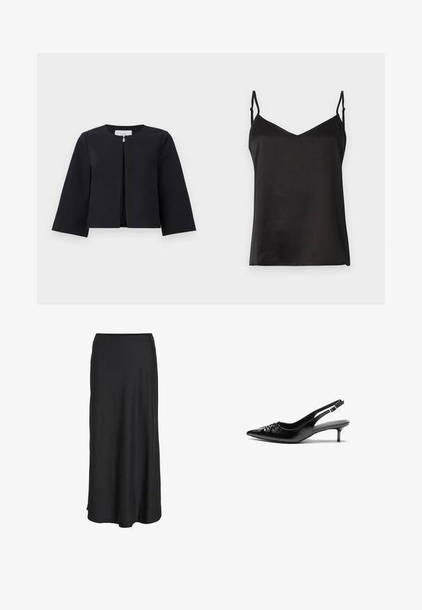 Sort åben, kort jakke med lange ærmer og rund halsudskæring, vist på en ensfarvet lys baggrund.; Vero Moda VMMERLE SINGLET - Top - black; Sort maxinederdel lavet af glat, letvægtsstof. Har en enkel A-formet silhuet med en let udvidet kant og ingen synlige lukninger.; Sorte læder slingback-pumps med spids tå, lav kitten-hæl og rynket detalje på overdelen. Glat tekstur og minimalistisk design.