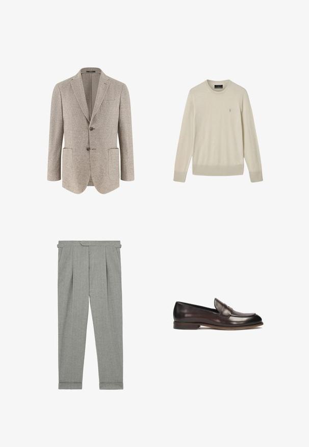 Lichtbeige herenblazer met twee knopen, notch revers en drie voorzakken, gemaakt van gestructureerde stof.; Beige trui met lange mouwen en ronde hals, met geribbelde manchetten en zoom, voorzien van een klein geborduurd logo op de linkerborst.; Grijze op maat gemaakte broeken met plooien aan de voorkant, taps toelopende benen, zijzakken en omgeslagen manchetten. Gemaakt van gestructureerde stof voor een stevige uitstraling.; Donkerbruine leren loafers met een ronde neus, verhoogde stiksels en een lichte hak. Gladde textuur en klassiek ontwerp.