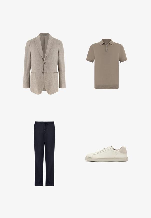 Lysebeige herreblazer med to knapper, hakket revers og tre forlommer, lavet af struktureret stof.; Polo-shirt i taupe med en struktureret finish, korte ærmer og en krave. Har treknaps-lukning og ribbede manchetter.; Mørkeblå sweatpants lavet af blød stof, med elastisk talje og snøre, lige ben design og ingen synlige mønstre.; Hvid lavtopet lædersneaker med hvide snørebånd, let struktureret sål og lys grå ruskinds-hælpatch, sideudsigt.