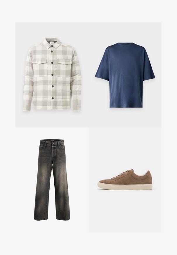 Hellgrau-weiße karierte gestepptes Hemdjacke mit Kragen, vorderer Knopfleiste und zwei Brusttaschen mit Klappe.; Marineblaue Kurzarm-T-Shirt aus weichem Stoff, mit klassischen Rundhalsausschnitt und lockerer Passform, ohne sichtbare Muster oder Akzente.; Hochtaillierte, weit geschnittene schwarze, ausgewaschene Jeans mit vorderem Knopf- und Reißverschluss sowie standartmäßigen Fronttaschen.; Braune Wildleder-Sneaker für die Freizeit mit niedrigem Profil, flacher beige Gummisohle und sechs Schnürlöchern. Abgerundete Zehenform und minimalistisches Design.
