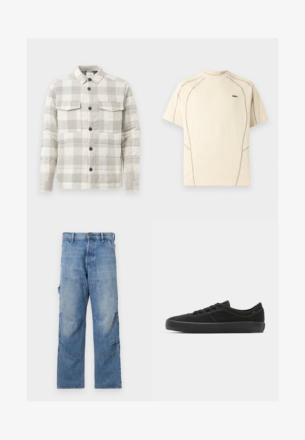 Lys grå og hvid ternet quilted skjortejakke med krave, front lukning med knapper og to brystlommer med klap.; Beige kortærmet t-shirt med mørk kontrastsyning og lille "OBEY"-logo på venstre bryst mod en lys baggrund.; Lyseblå denimbukser med vide ben, slidte områder og patchwork-sømme. Har en frontknap og lynlås lukning med sidelommer.; Sort sneaker med en glat tekstiloverdel, kontrasterende brune syninger, rund tå, snørebåndslukning og en tyk gummi-sål for bedre traction.