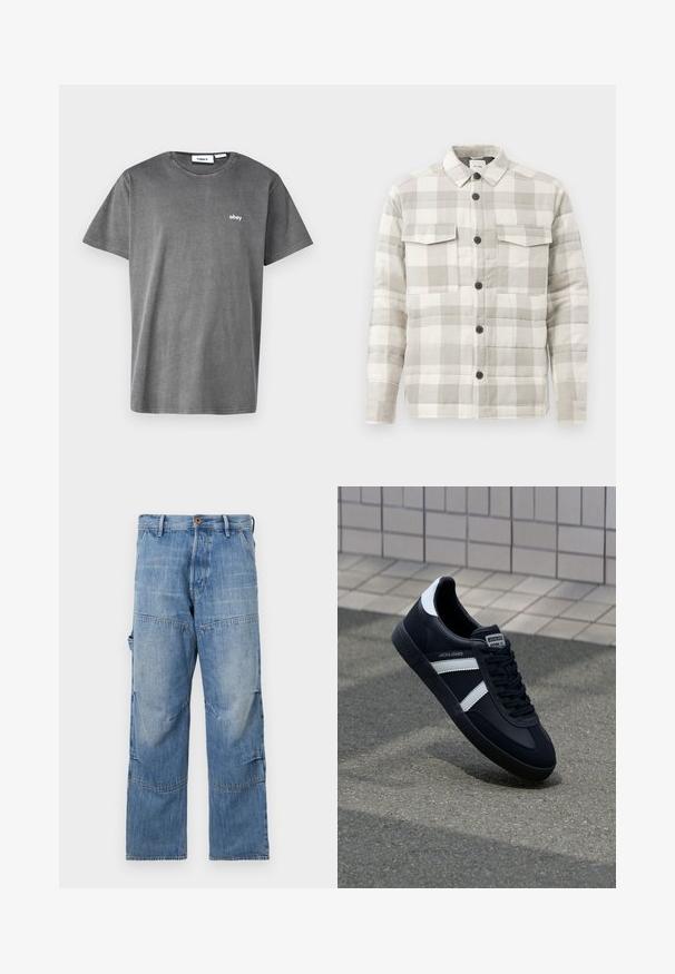 Hellgrau-weiße karierte gestepptes Hemdjacke mit Kragen, vorderer Knopfleiste und zwei Brusttaschen mit Klappe.; Graues Baumwoll-T-Shirt mit kurzen Ärmeln, Rundhalsausschnitt und kleinem weißen "obey"-Logo auf der Brust. Glatte Textur, lässiges Design.; Hellblaue Jeanshose mit weitem Bein, ausgebleichten Bereichen und aufgenähten Nähten. Mit einem Knopf- und Reißverschluss vorne sowie seitlichen Taschen.; Schwarze Leder-Sneaker mit weißen Streifen, strukturiertem Gummisohle und Schnürung. Verfügt über ein Markenetikett auf der Zunge.