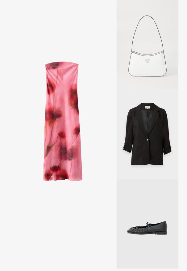 Blazer noir avec une fermeture à un bouton, des revers notched et deux poches avant. Présente des manches retroussées et une doublure intérieure lisse.; Robe maxi rose sans bretelles avec des motifs floraux rouges doux et foncés et un détail subtil façon portefeuille sur la jupe.; Chaussure plate noire avec design plissé à l'avant et un nœud noué sur le dessus, petit talon, et texture lisse sur un fond gris clair.; Sac à main blanc au design élégant et incurvé, doté d'une fine bandoulière noire et d'un accent logo triangle argenté. Texture lisse et détails minimaux.