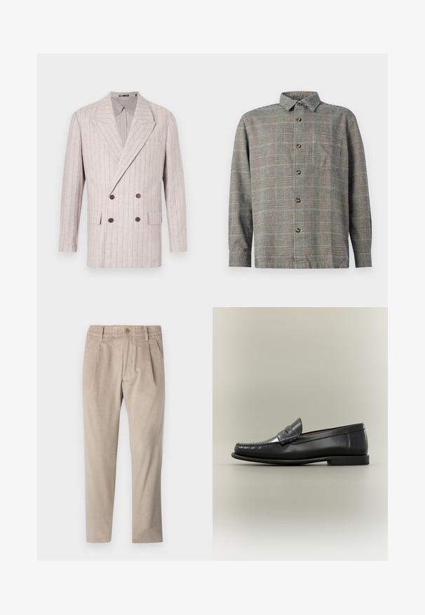 Dobbeltbrystet blazer i lyse beige linned med subtile pinstriber, forsynet med brede revers og mørkebrune knapper. To forlommer er inkluderet.; Langærmet skjorte med knapper i beige og sort ternet mønster, med krave og brystlomme foran på ensfarvet baggrund.; Beige kordfløjspants med elastisk talje, knaplukning og plisseelementer, har et lige ben-design og struktureret stof.; Sort læder herresko med moc-toe-design, penny-rem og lav hæl på en neutral baggrund.