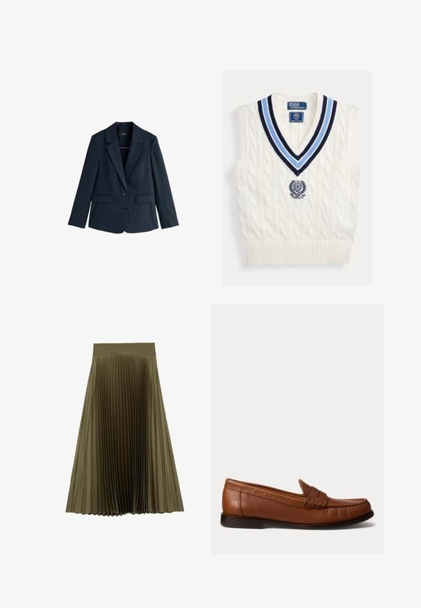 Navyblå dames blazer med hakrevers, to knapper, lange ærmer og klaplommer, vist på hvid baggrund.; Hvid kabelstrikket ærmeløs sweatervest med blåstribet V-hals og Polo Ralph Lauren Wimbledon-logo på brystet.; Olivengrøn midi-plisseret nederdel med bred, glat talje og jævnt fordelte smalle folder.; Brun læderloafer med lav sort hæl, mok-tå-syning og en dekorativ rem over toppen, vist mod en hvid baggrund.