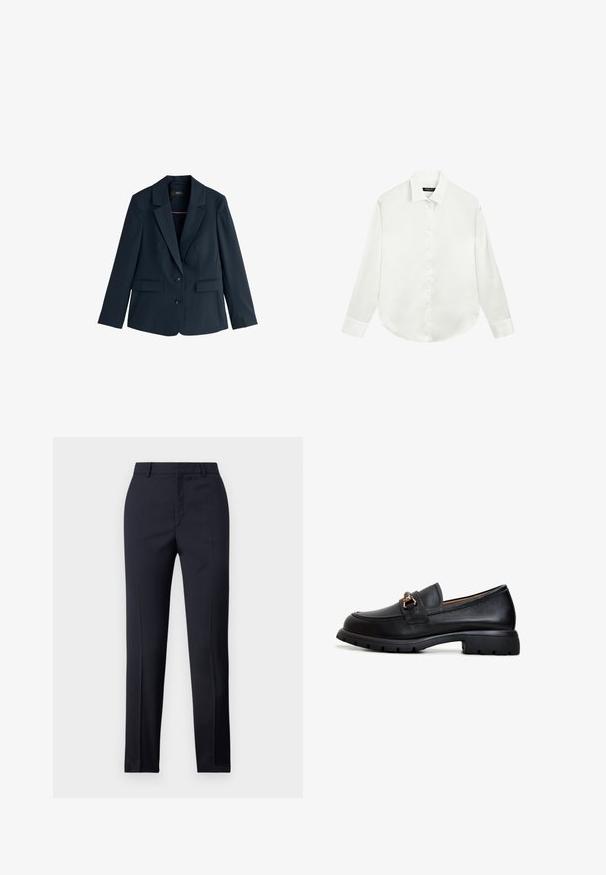 Navyblå dames blazer med hakrevers, to knapper, lange ærmer og klaplommer, vist på hvid baggrund.; Hvid skjorte med lange ærmer, krave og manchetter, lagt fladt ud med knapperne fastgjort i midten foran.; Marineblå skræddersyede bukser med lige snit, der har en glat tekstur, to frontlommer og en ren talje.; Sort læder loafersko med rund tå, dekorativt guldsmykke og en robust gummisål med et struktureret grebmønster.