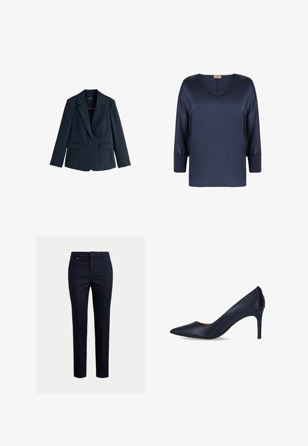 Navyblå dames blazer med hakrevers, to knapper, lange ærmer og klaplommer, vist på hvid baggrund.; Marineblå chiffon top med V-hals, trekvartærmer og en glat tekstur. Har en afslappet pasform og subtile glans.; Marineblå chinos lavet af bomuldsblanding med et tilspidset fit, flad front, sidelommer og en enkelt baglomme; har et lille guldlogo.; Mørkeblå højhælede pumps lavet af glat læder, med spidse tæer og en slank hæl. Enkelt design uden yderligere udsmykning.