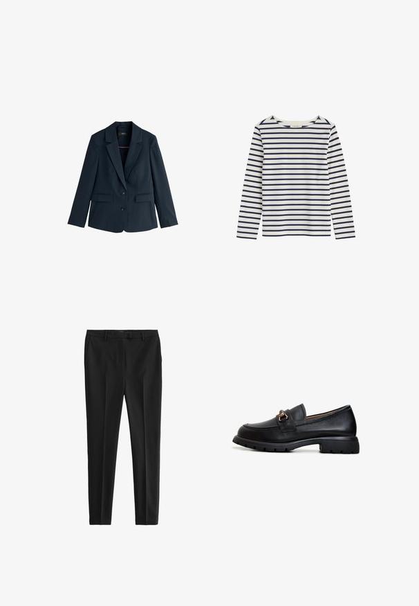 Navyblå dames blazer med hakrevers, to knapper, lange ærmer og klaplommer, vist på hvid baggrund.; Langærmet hvid skjorte med horisontale marineblå striber og rund halsudskæring, lagt fladt på en hvid baggrund.; Sorte bukser lavet af glat stof, med skræddersyet pasform, frontfolder og bæltestropper, samt sidelommer og baglommer.; Sort læder loafersko med rund tå, dekorativt guldsmykke og en robust gummisål med et struktureret grebmønster.