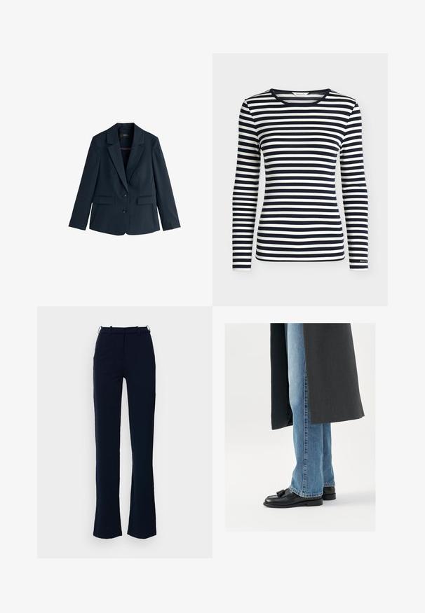Marineblauwe damesblazer met ingezette rever, twee knopen, lange mouwen en klepzakken, weergegeven op een witte achtergrond.; Oversized shirt met lange mouwen met marineblauwe en witte horizontale strepen en een ronde hals, met het merk GANT op de mouwboord.; Marineblauwe broek met een rechte pijpdesign, gemaakt van een gladde stof, voorzien van ri loopjes en een ritssluiting aan de voorkant.; Zwarte leren instappers met kwastjes, gedragen met lichtblauwe rechtlopende jeans, aangevuld met een donkergrijze jas. Schone lijnen en textiel met structuur.