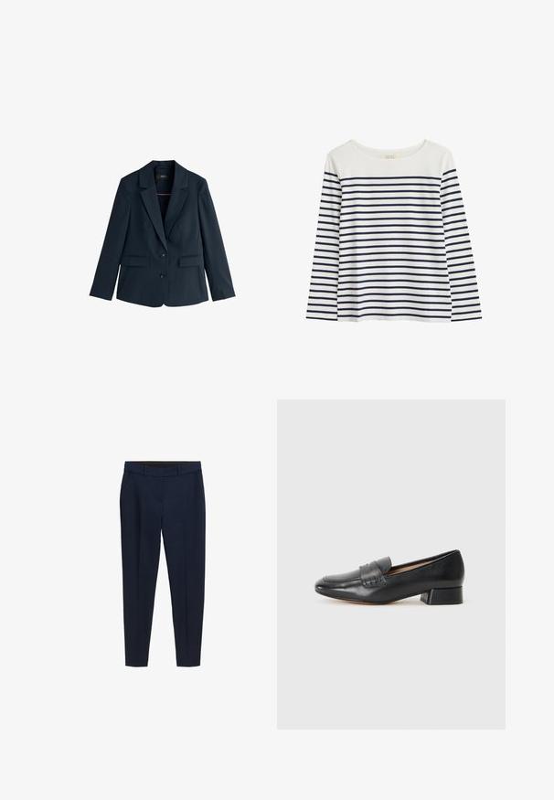 Navyblå dames blazer med hakrevers, to knapper, lange ærmer og klaplommer, vist på hvid baggrund.; Langærmet bluse i økologisk bomuld med hvid baggrund og marineblå vandrette striber. Rund halsudskæring, afslappet pasform, ingen synlige detaljer.; Mørkeblå skræddersyede bukser med bæltestropper, sidelommer og en favoritfold fortil, designet til en tætsiddende pasform.; Sorte læder loafers med en lav blokhæl, der har et syet design på forfoden og en glat overflade. Klassisk og struktureret form.