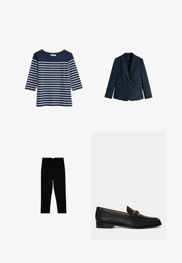 Navyblå dames blazer med hakrevers, to knapper, lange ærmer og klaplommer, vist på hvid baggrund.; Marineblå bomuldsbluse med 3/4-ærmer, prydet med vandrette hvide striber. Rund halsudskæring og afslappet pasform. Glat tekstur.; Sorte skræddersyede ankelkorte bukser med sidelommer og let tilspidset ben, vist fladt på en hvid baggrund.; Sort læderloafer med lille hæl og dekorativt gyldent spænde foran, vist fra siden på en hvid baggrund.