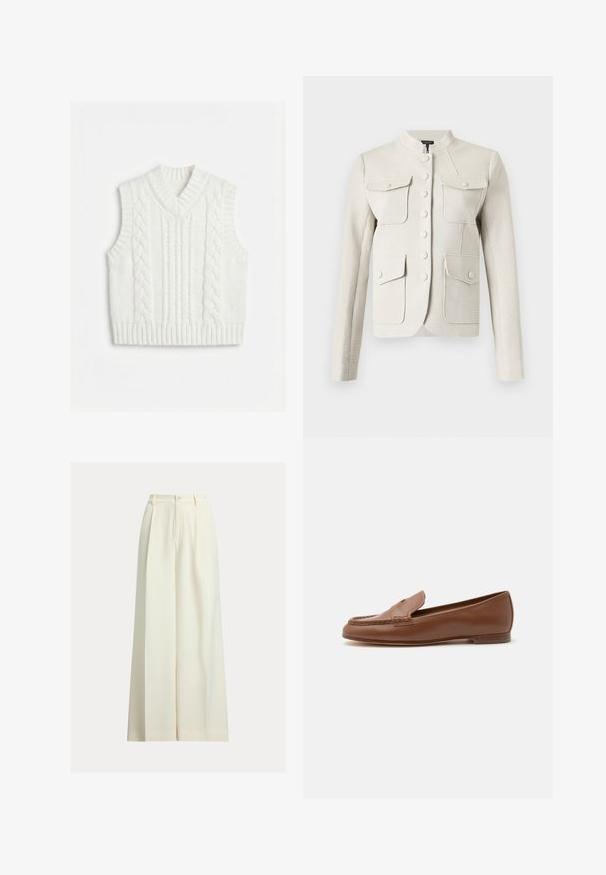 Veste crème texturée à manches longues avec col montant, boutons sur le devant et quatre poches à rabat avec fermeture par boutons.; Veste sans manches blanche en tricot avec motif torsadé et encolure en V, emmanchures et ourlet côtelés.; Pantalon large crème en tissu lisse, avec taille haute, deux plis à l'avant et une fermeture à bouton unique.; Mocassin classique en cuir marron avec petit talon et détail de bout moc cousu, présenté de profil sur fond blanc.
