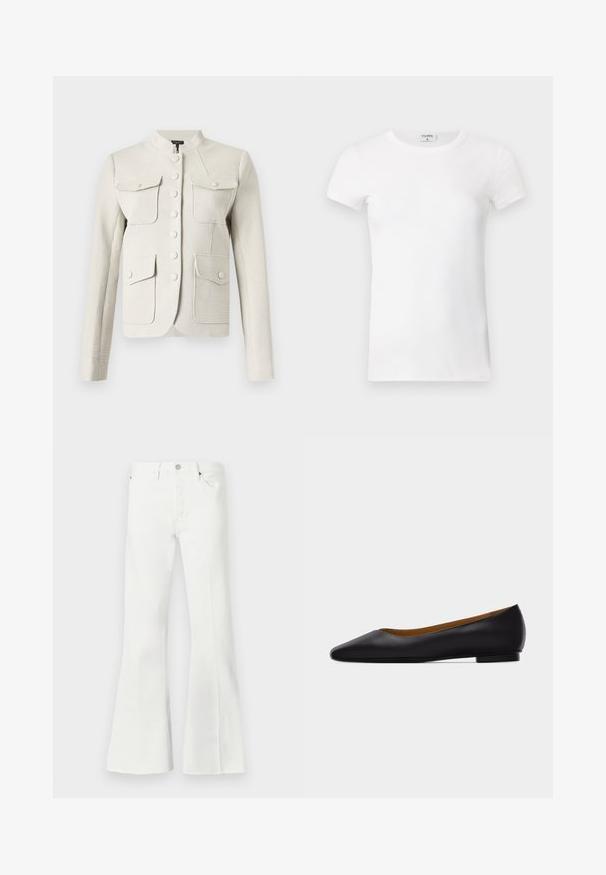 Chaqueta de manga larga con textura cremosa, cuello de pie, botones delanteros y cuatro bolsillos con solapa y cierre de botones.; Camiseta blanca de manga corta y con cuello redondo, de tejido acanalado. La tela parece suave y tiene una silueta ajustada. Etiqueta de marca visible en el cuello.; Jeans de mezclilla blancos acampanados con cintura alta, que presentan un cierre de botón, dos bolsillos frontales y acabados deshilachados en la parte inferior.; Zapato plano de punta puntiaguda de cuero negro con tacón bajo y acabado liso, mostrado de perfil sobre un fondo gris claro.