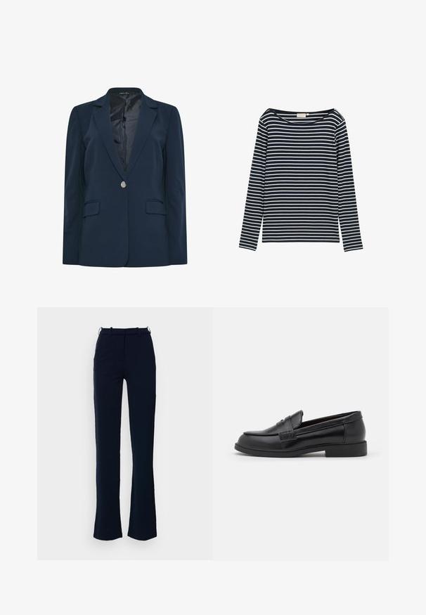 Marineblauw colbert met één knoop, met inkeping revers, twee klepzakken aan de voorkant en zwarte voering, frontaal getoond.; Navy en witte gestreepte langarmshirt met een brede halslijn, gemaakt van een zacht materiaal, met gelijkmatig verdeelde horizontale strepen.; Marineblauwe broek met een rechte pijpdesign, gemaakt van een gladde stof, voorzien van ri loopjes en een ritssluiting aan de voorkant.; Zwarte leren loafers met een gladde textuur, ronde neus, gestikte details op de bovenkant en een lage, platte rubberen zool.