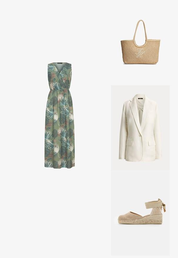Off-white väri yksirivinen bleiser notkkikauluksilla, yksinapitus ja kaksi etutaskua läppäkannella, esitetty yksivärisellä taustalla.; Pitkä vihreä hihaton mekko, jossa on V-muotoinen kaula-aukko. Mekossa on kukkakuvio, jossa on lehtiä ja kukkia sinisen, vaaleanpunaisen ja kermaisen sävyissä. Elastaanivyötärö.; Beige espadrille, jossa on kangasorsa, teksturoitu kudottu korko ja palmikkokudottu juutti-pohja; siinä on solmittava nilkkaremmi turvallisen istuvuuden takaamiseksi.; Punottu beige-varinen olkitavarakassi, jossa on pyöreät kahvat ja valkoisella kirjailtu kursiivikirjaiminet etukeskellä.