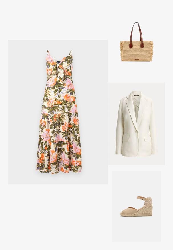 Off-white enkelrijjig colbert met opstaand revers, sluiting met één knoop en twee klepzakken aan de voorkant, weergegeven op een effen achtergrond.; Florale maxi-jurk met spaghettibandjes, crèmekleurige stof met roze, oranje en groene bloemmotieven, en een gelaagde volantzoom.; Castañer BIANCA - Espadrilles - sand; Rechthoekige geweven strohandtas met bruine leren handvatten en franjes aan de zijkanten, met een klein voorlabel.