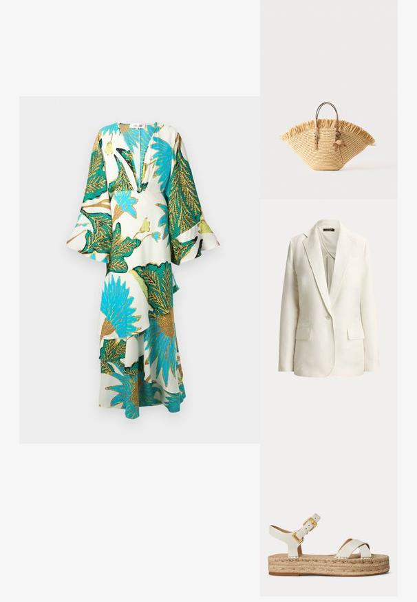 Off-white enkeltbreasted blazer med hakkede revers, enkelt knaphul og to forlommer med klap, vist på en ensfarvet baggrund.; Lang, flydende kjole med dyb V-hals, klokkeærmer og levende tropiske bladmønstre i teal, guld og grøn på en lys baggrund.; Hvid læder platform sandal med flettet jute sål, guld spænde ankelrem og krydsede front stropper på ensfarvet baggrund.; Flettet stråtaske med frynset øverste kant, to tan læderhåndtag med spælsdetaljer og en læder kvast som tilbehør.